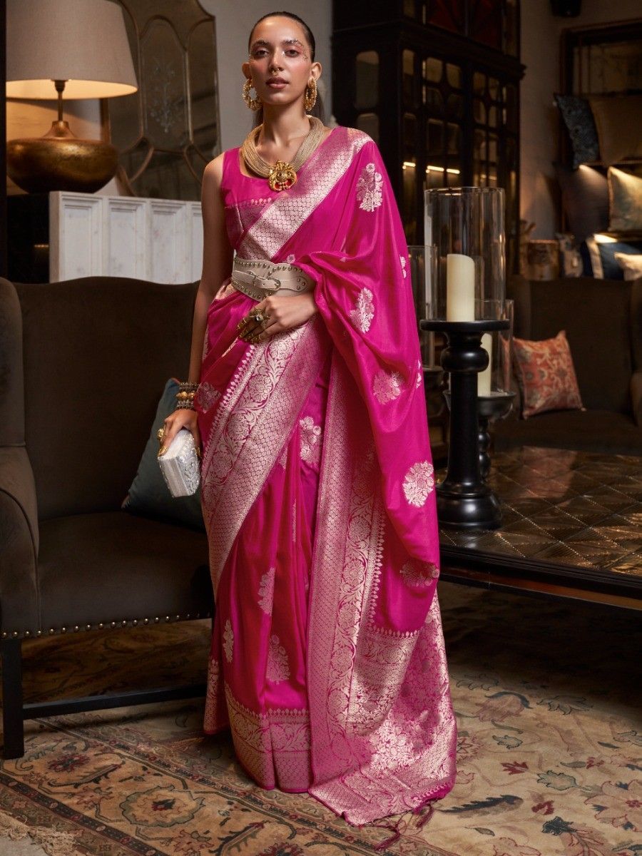 Vsaree Pink Banarasi KhadiSilk Saree For Contrast Zari Weaving Borders And Blouse