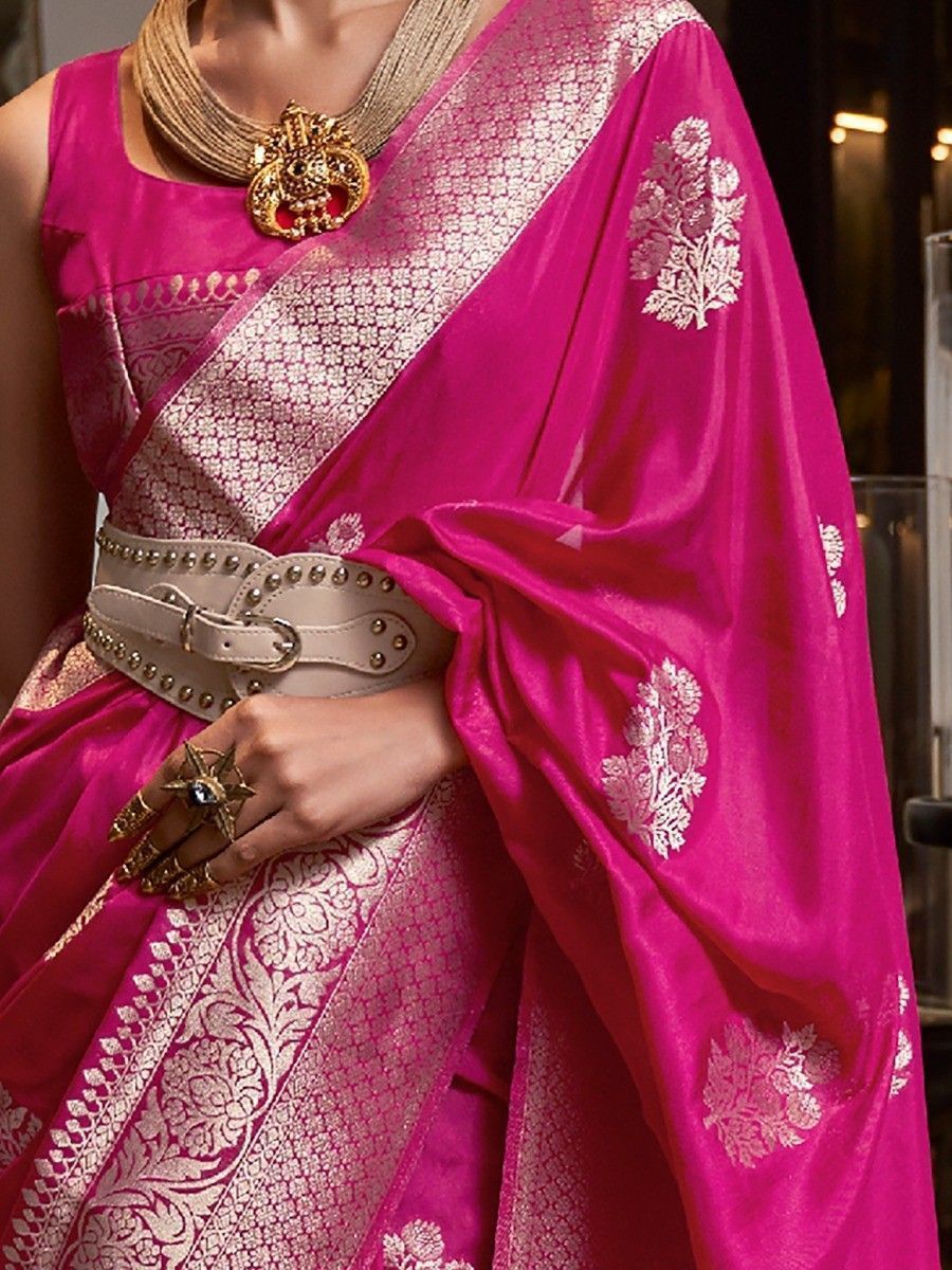 Vsaree Pink Banarasi KhadiSilk Saree For Contrast Zari Weaving Borders And Blouse