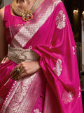 Vsaree Pink Banarasi KhadiSilk Saree For Contrast Zari Weaving Borders And Blouse