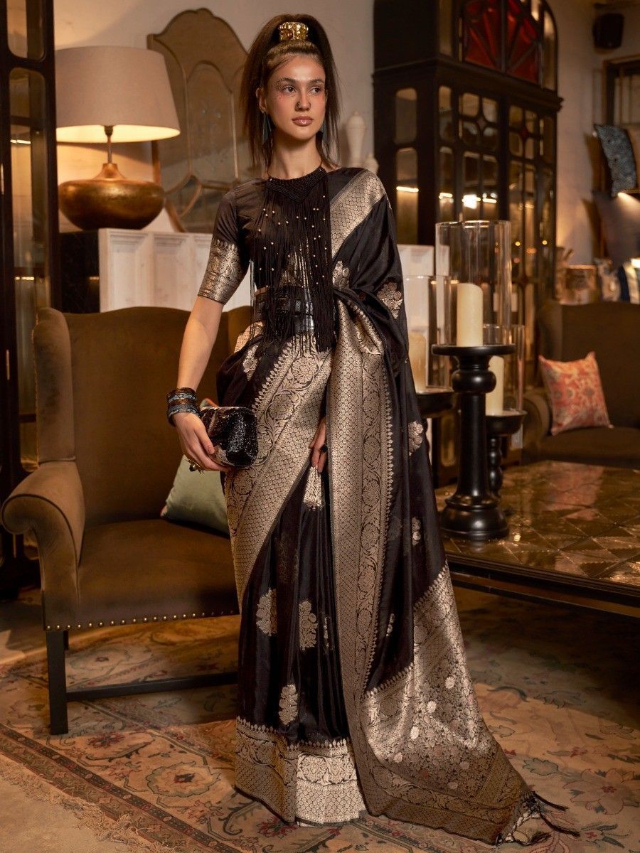 Vsaree Black Banarasi KhadiSilk Saree For Contrast Zari Weaving Borders And Blouse