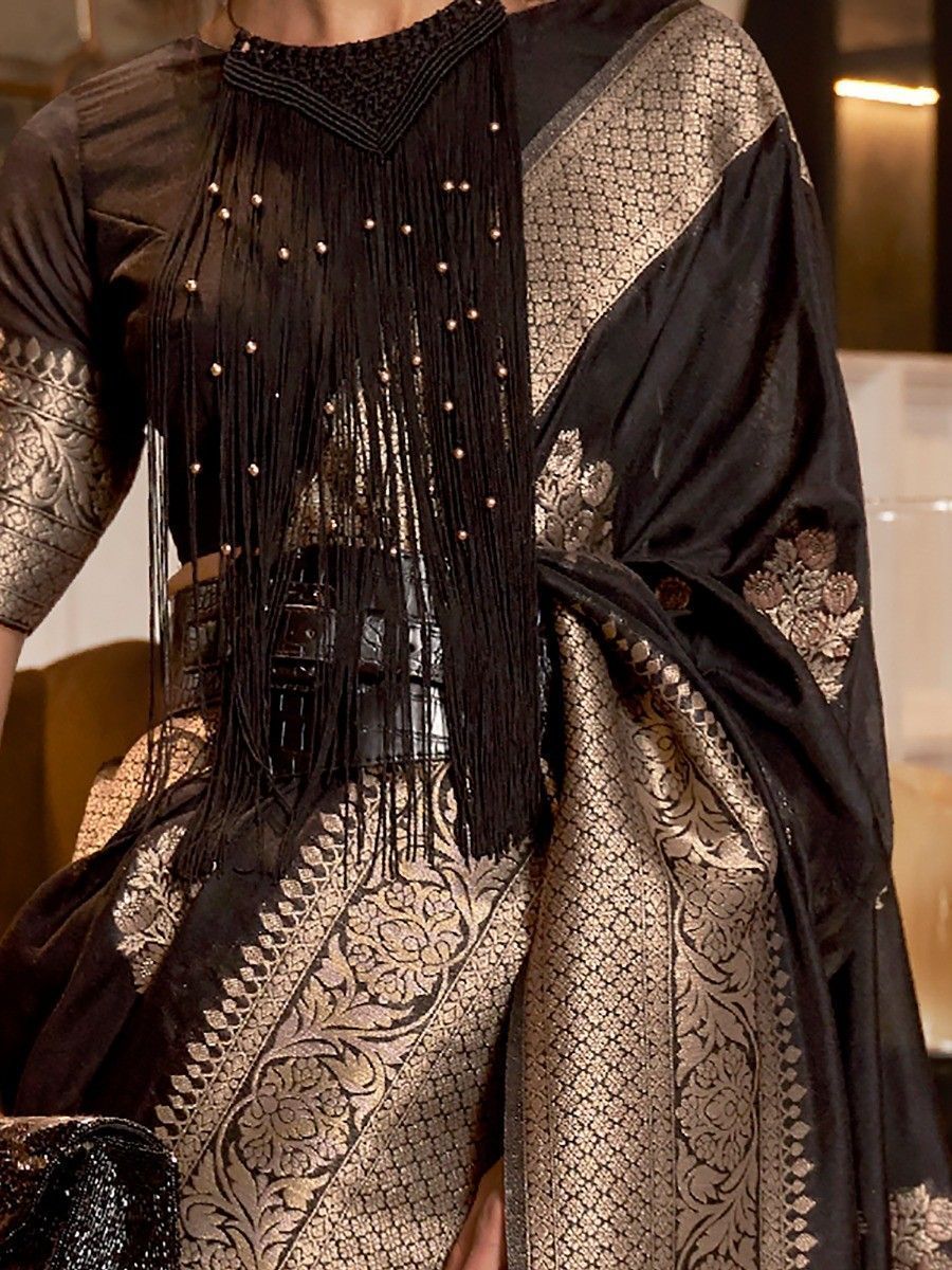 Vsaree Black Banarasi KhadiSilk Saree For Contrast Zari Weaving Borders And Blouse
