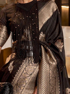 Vsaree Black Banarasi KhadiSilk Saree For Contrast Zari Weaving Borders And Blouse