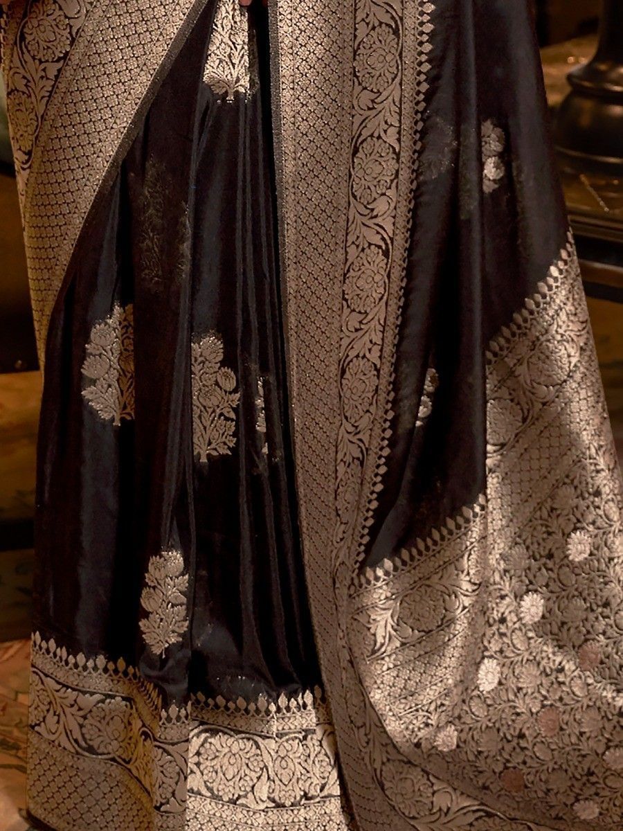 Vsaree Black Banarasi KhadiSilk Saree For Contrast Zari Weaving Borders And Blouse
