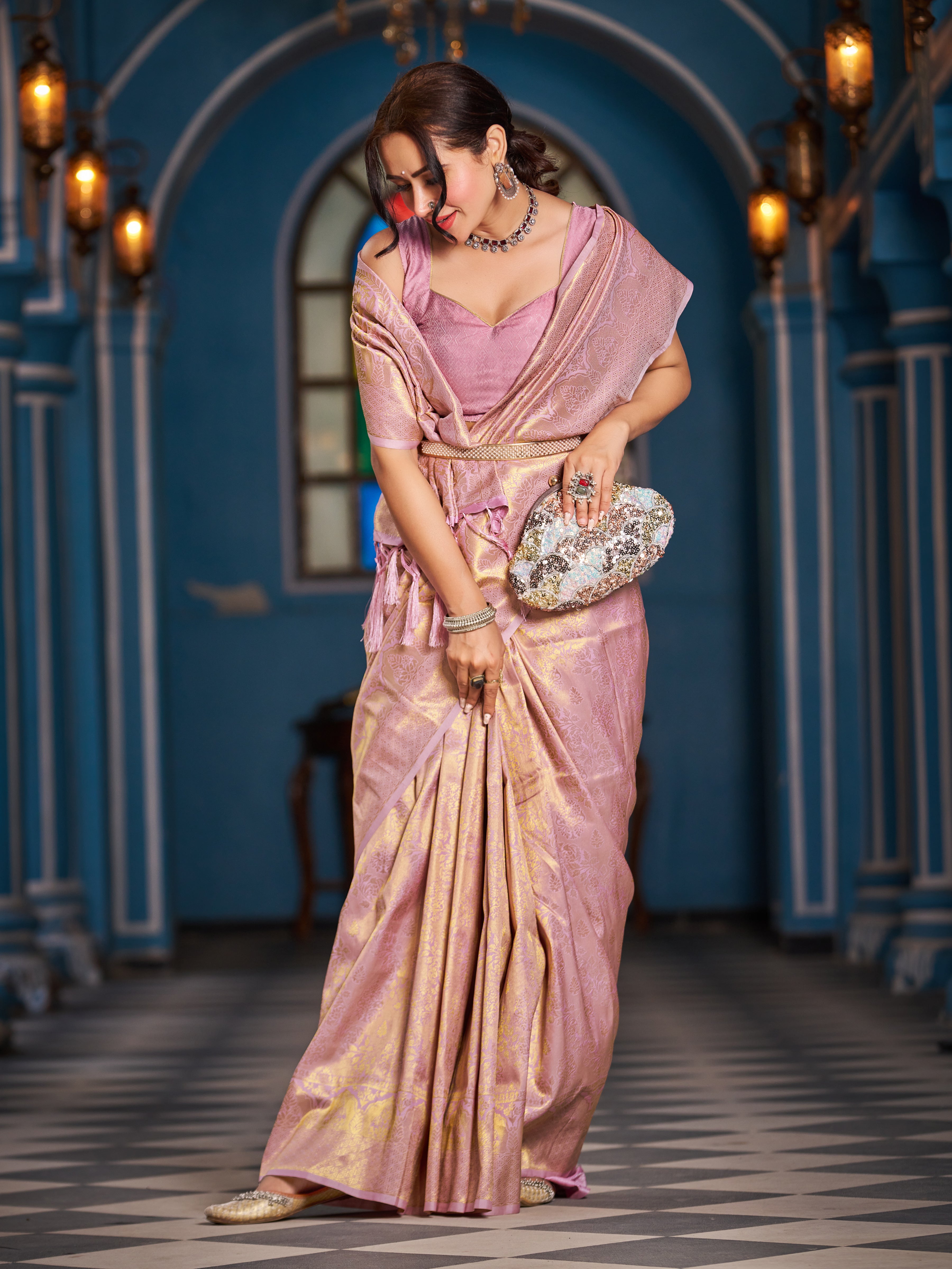 Designer Banarasi Soft Silk Saree With Pure Golden Zari Border And Blouse