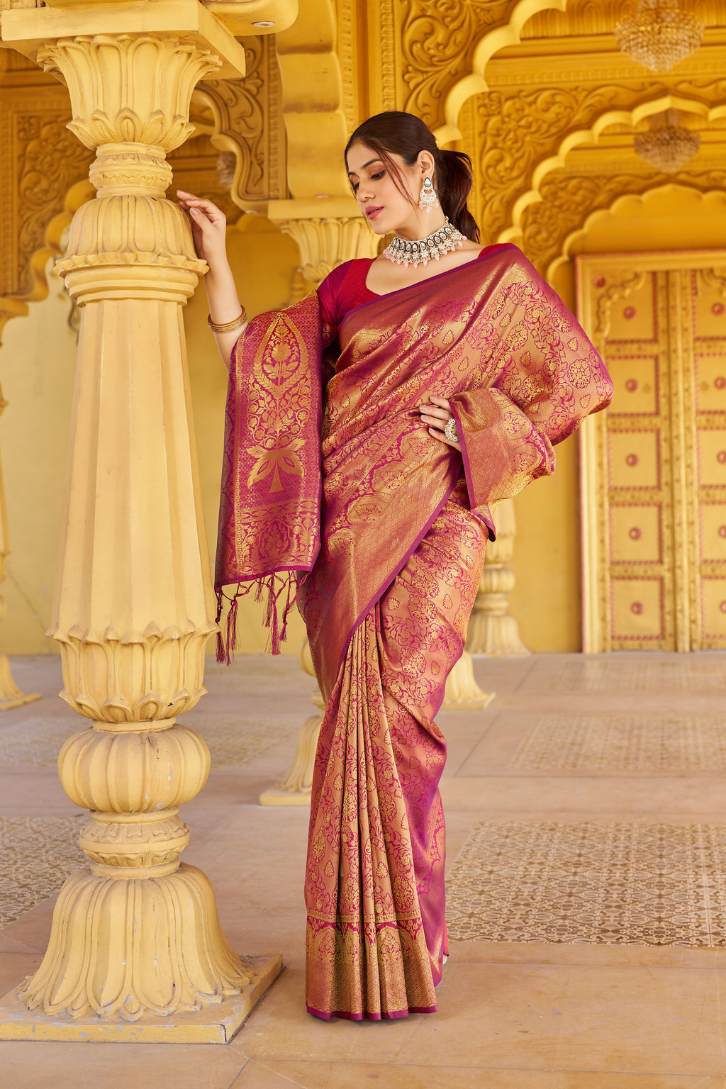 Designer Banarasi Soft Silk Saree With Pure Golden Zari Border And Blouse