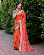 Designer Ikkat Patola Silk Kanchi And Contrast Zari Weaving Border Saree With Blouse