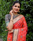Designer Ikkat Patola Silk Kanchi And Contrast Zari Weaving Border Saree With Blouse