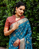 Designer Ikkat Patola Silk Kanchi And Contrast Zari Weaving Border Saree With Blouse