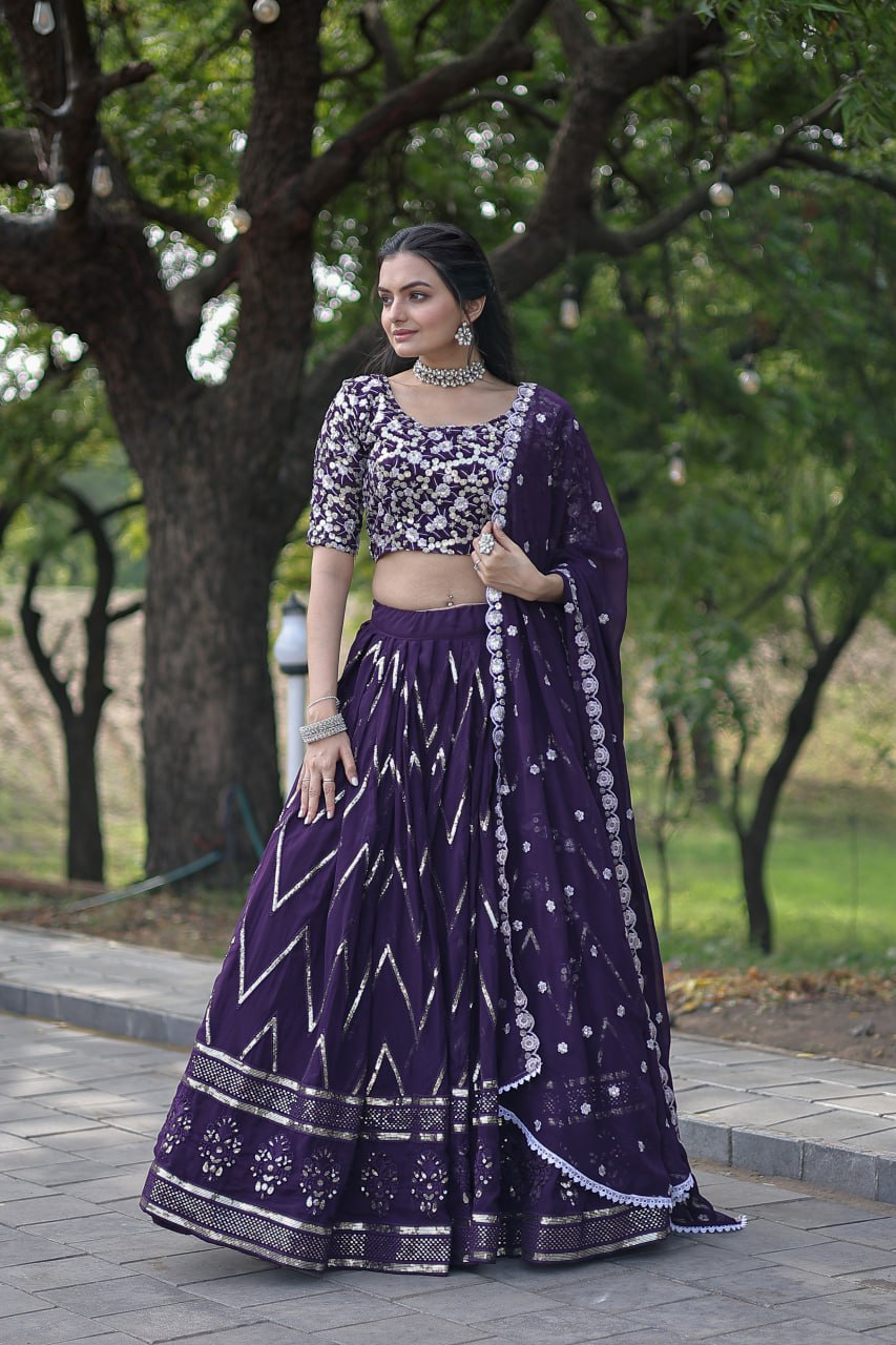 WOMEN'S FAUX GEORGETTE DESIGNER LONG LEHENGA CHOLI IN PURPLE AND VIOLET WITH EMBROIDERED WORK