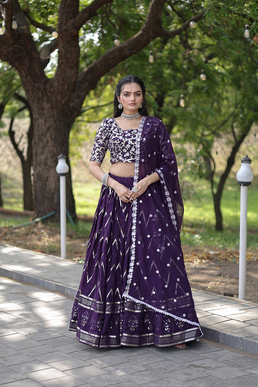 WOMEN'S FAUX GEORGETTE DESIGNER LONG LEHENGA CHOLI IN PURPLE AND VIOLET WITH EMBROIDERED WORK