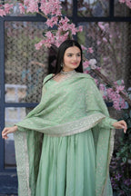 SILK PARTY WEAR SALWAR KAMEEZ IN SEA GREEN AND VIOLET WITH EMBROIDERED WORK STITCHED