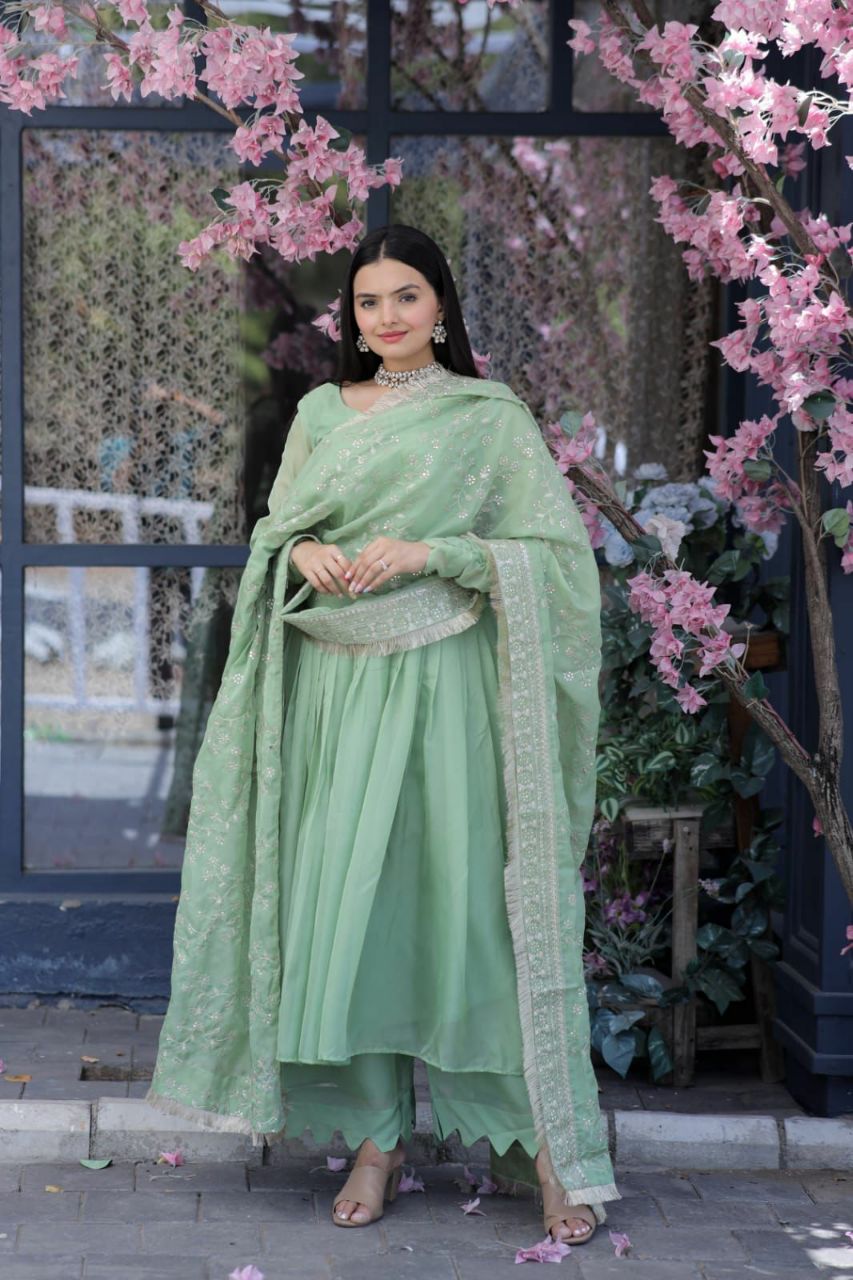 SILK PARTY WEAR SALWAR KAMEEZ IN SEA GREEN AND VIOLET WITH EMBROIDERED WORK STITCHED
