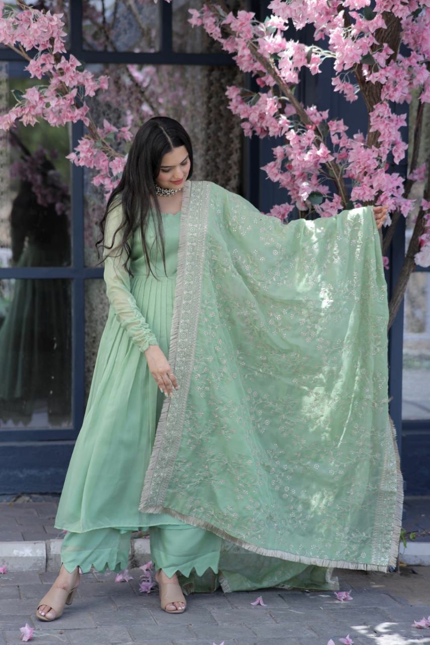 SILK PARTY WEAR SALWAR KAMEEZ IN SEA GREEN AND VIOLET WITH EMBROIDERED WORK STITCHED