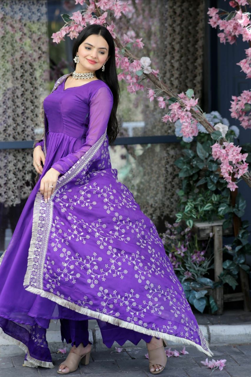 SILK PARTY WEAR SALWAR KAMEEZ IN PURPLE AND VIOLET WITH EMBROIDERED WORK STITCHED