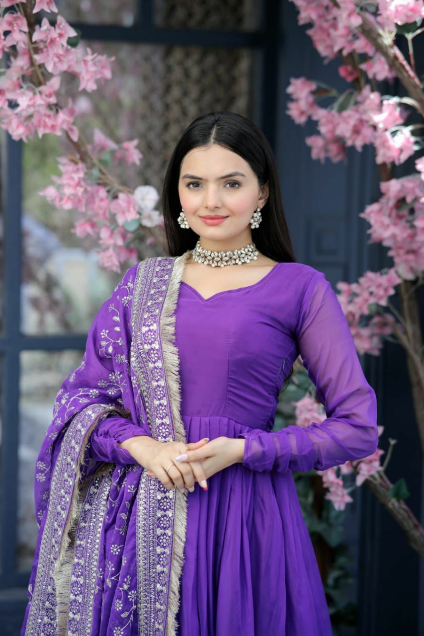 SILK PARTY WEAR SALWAR KAMEEZ IN PURPLE AND VIOLET WITH EMBROIDERED WORK STITCHED