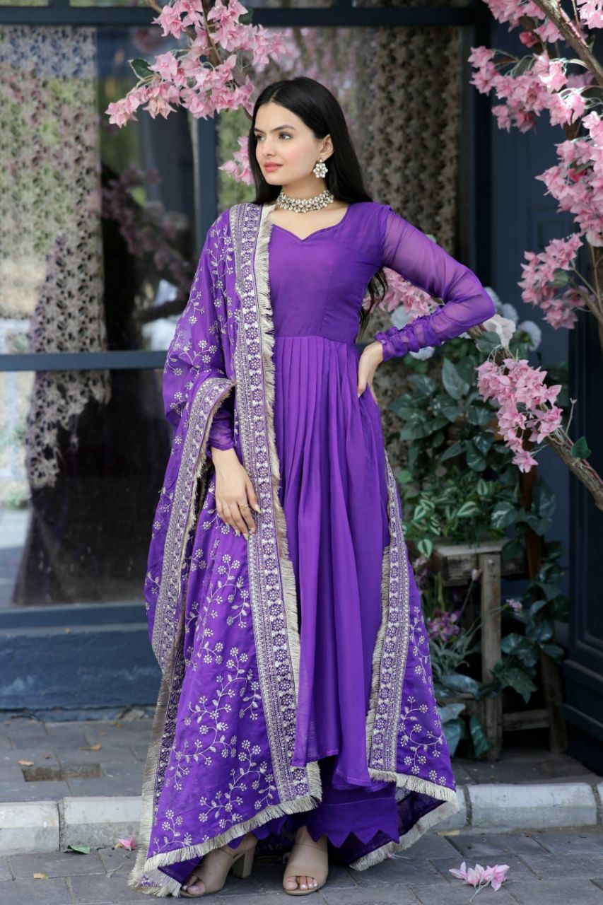 SILK PARTY WEAR SALWAR KAMEEZ IN PURPLE AND VIOLET WITH EMBROIDERED WORK STITCHED