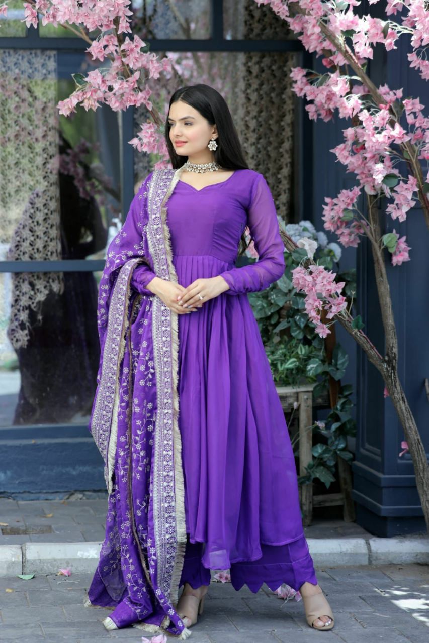 SILK PARTY WEAR SALWAR KAMEEZ IN PURPLE AND VIOLET WITH EMBROIDERED WORK STITCHED