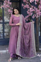SILK PARTY WEAR SALWAR KAMEEZ IN ONION AND VIOLET WITH EMBROIDERED WORK STITCHED