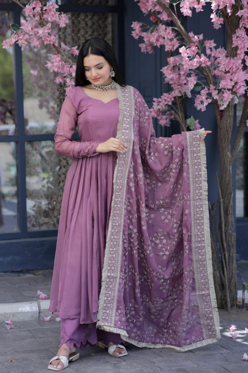 SILK PARTY WEAR SALWAR KAMEEZ IN ONION AND VIOLET WITH EMBROIDERED WORK STITCHED