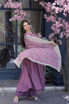 SILK PARTY WEAR SALWAR KAMEEZ IN ONION AND VIOLET WITH EMBROIDERED WORK STITCHED