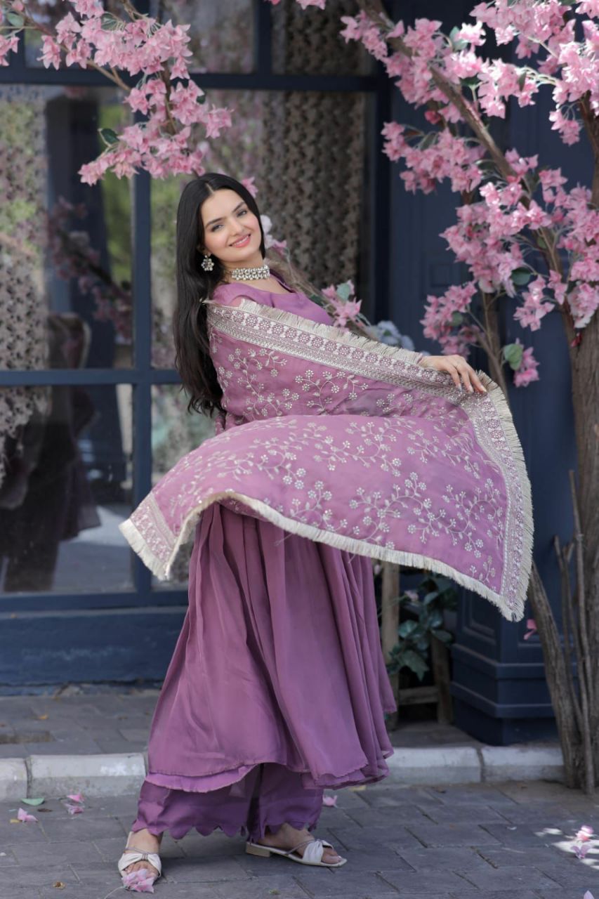 SILK PARTY WEAR SALWAR KAMEEZ IN ONION AND VIOLET WITH EMBROIDERED WORK STITCHED