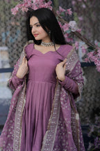 SILK PARTY WEAR SALWAR KAMEEZ IN ONION AND VIOLET WITH EMBROIDERED WORK STITCHED