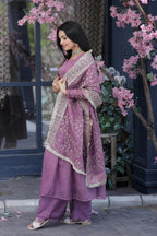 SILK PARTY WEAR SALWAR KAMEEZ IN ONION AND VIOLET WITH EMBROIDERED WORK STITCHED