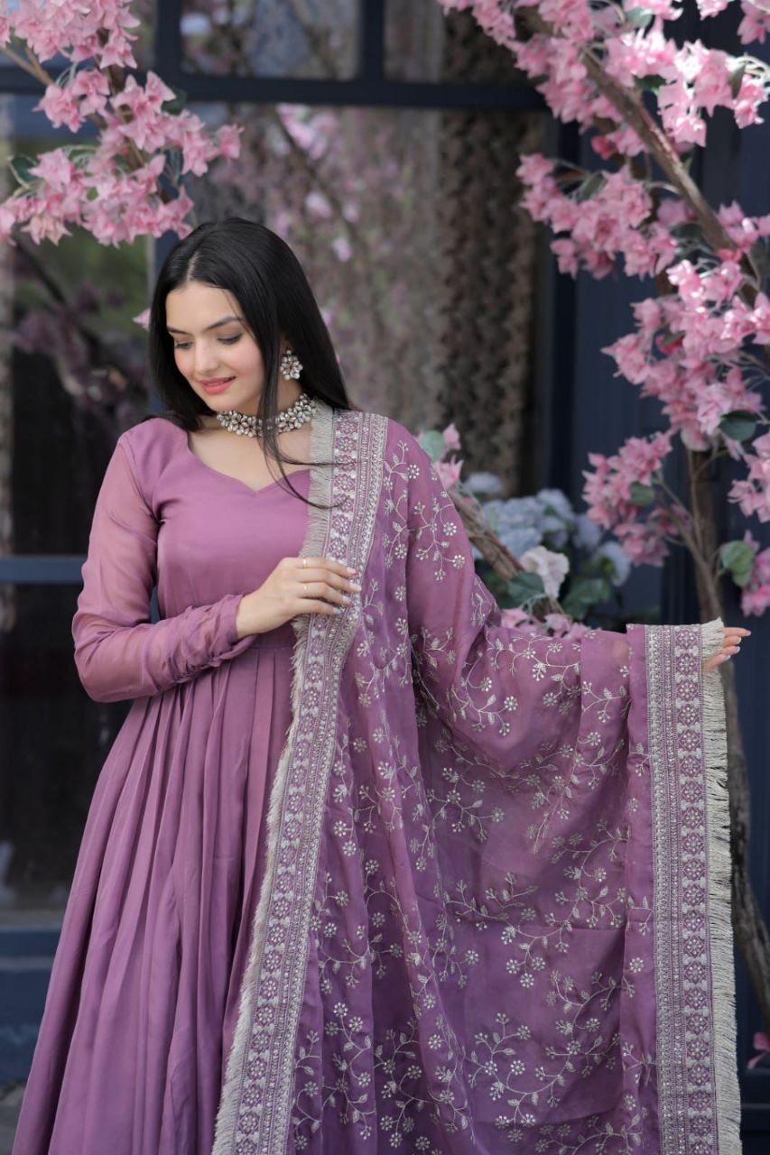 SILK PARTY WEAR SALWAR KAMEEZ IN ONION AND VIOLET WITH EMBROIDERED WORK STITCHED