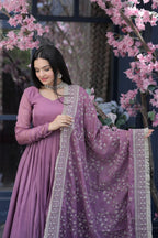 SILK PARTY WEAR SALWAR KAMEEZ IN ONION AND VIOLET WITH EMBROIDERED WORK STITCHED