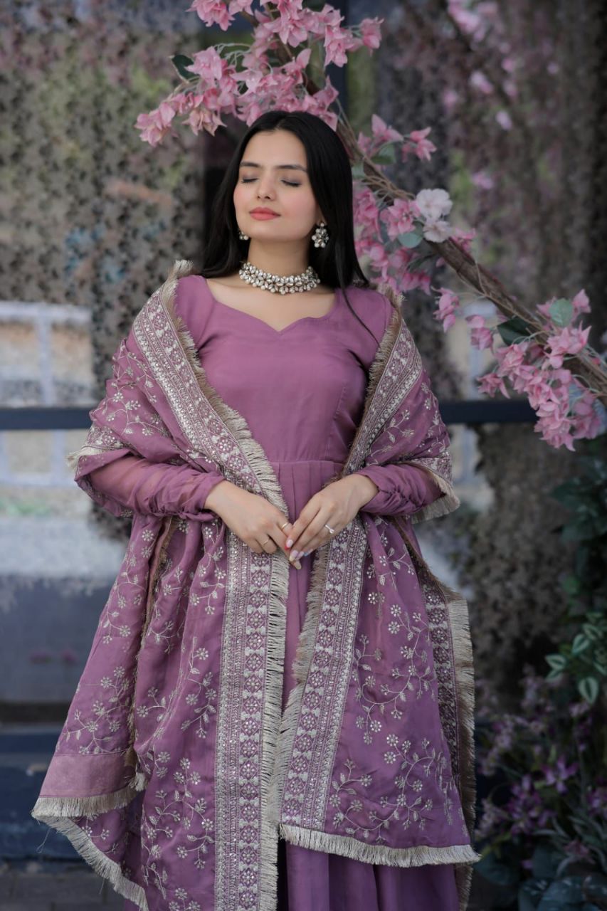 SILK PARTY WEAR SALWAR KAMEEZ IN ONION AND VIOLET WITH EMBROIDERED WORK STITCHED