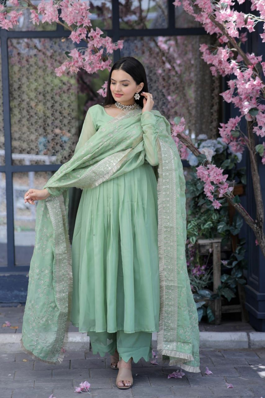 SILK PARTY WEAR SALWAR KAMEEZ IN SEA GREEN AND VIOLET WITH EMBROIDERED WORK STITCHED