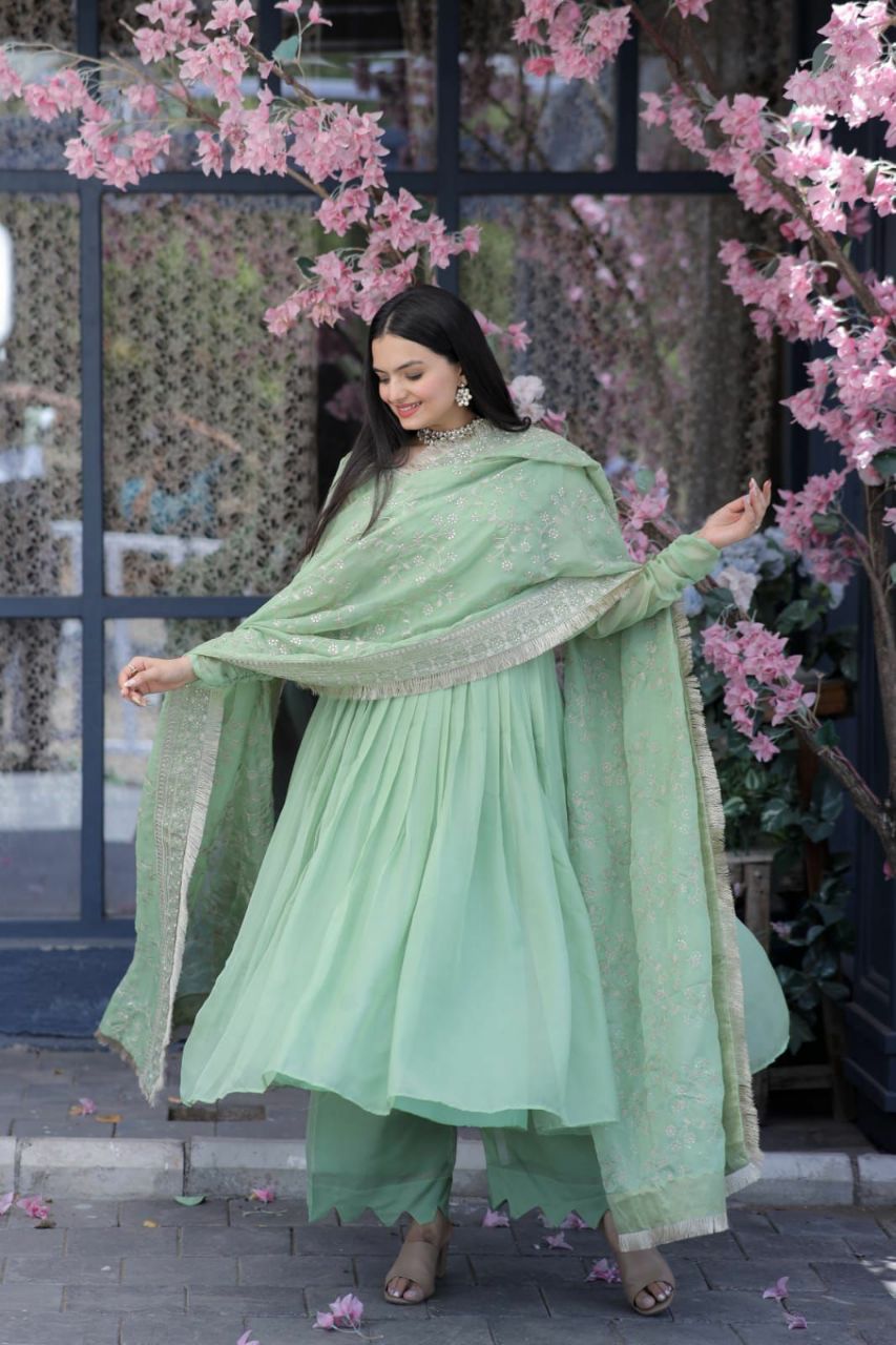 SILK PARTY WEAR SALWAR KAMEEZ IN SEA GREEN AND VIOLET WITH EMBROIDERED WORK STITCHED
