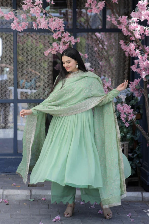 SILK PARTY WEAR SALWAR KAMEEZ IN SEA GREEN AND VIOLET WITH EMBROIDERED WORK STITCHED