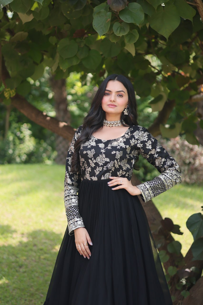 WOMEN'S VISCOSE RECEPTION GOWN IN BLACK AND GREY WITH THREAD WORK STITCHED