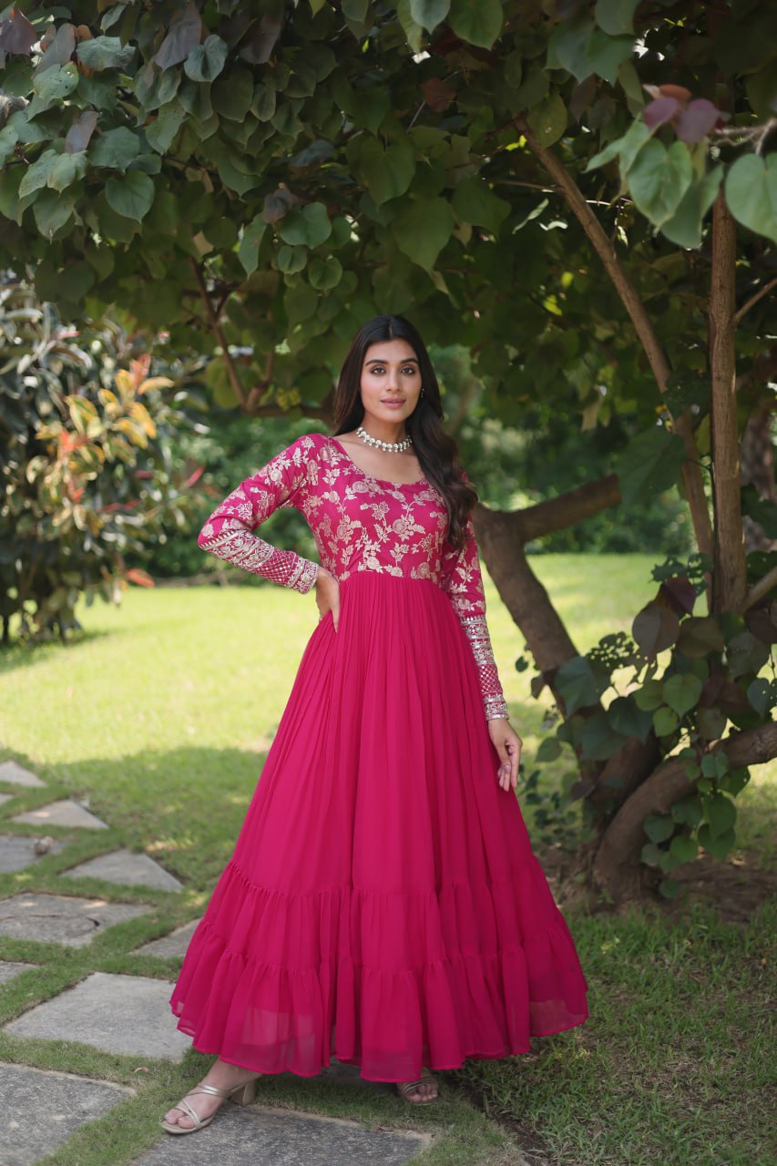 WOMEN'S VISCOSE RECEPTION GOWN IN PINK AND MAJENTA WITH THREAD WORK STITCHED