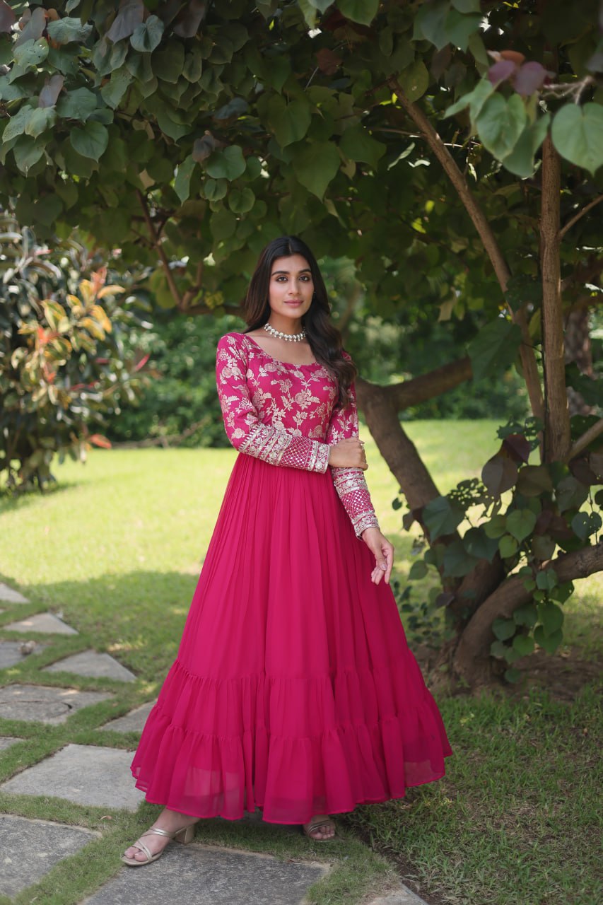 WOMEN'S VISCOSE RECEPTION GOWN IN PINK AND MAJENTA WITH THREAD WORK STITCHED