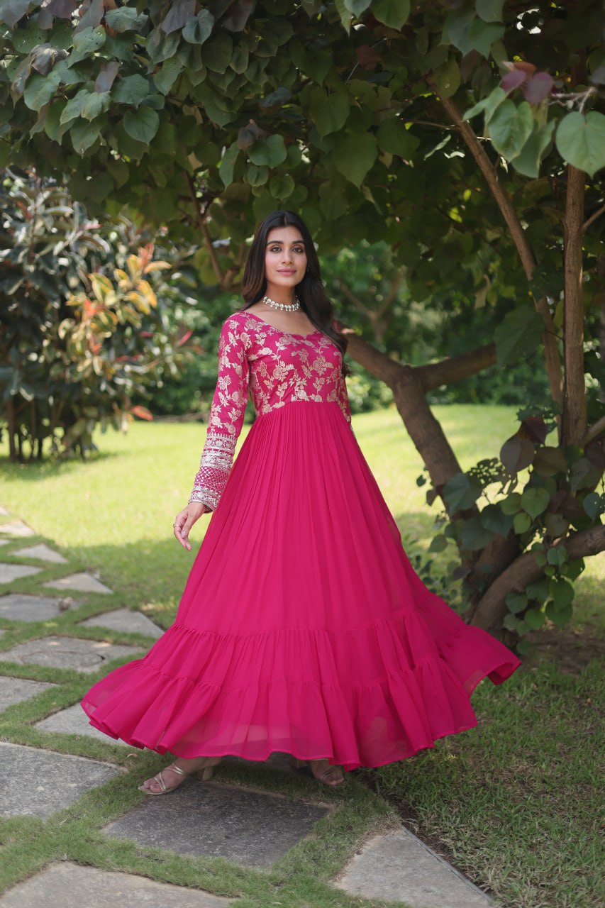 WOMEN'S VISCOSE RECEPTION GOWN IN PINK AND MAJENTA WITH THREAD WORK STITCHED