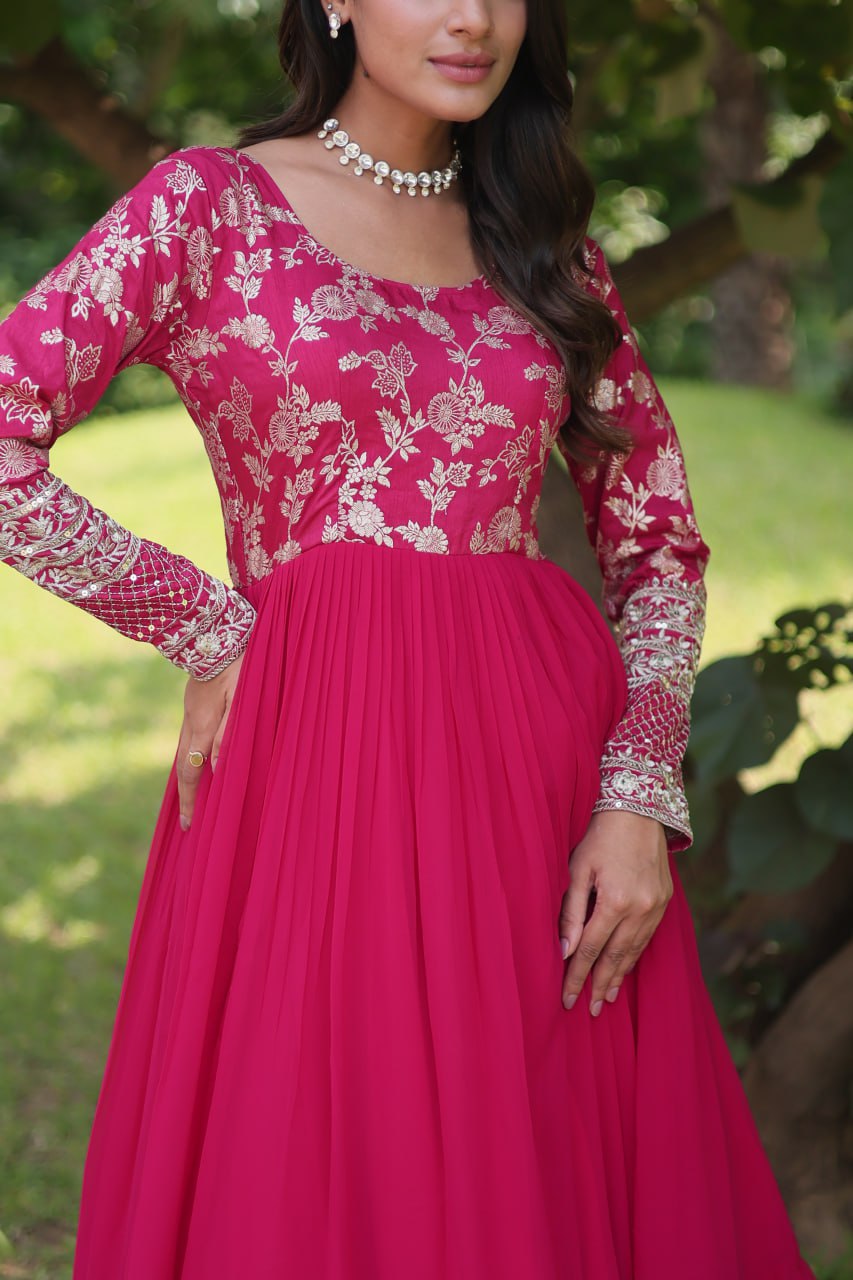 WOMEN'S VISCOSE RECEPTION GOWN IN PINK AND MAJENTA WITH THREAD WORK STITCHED