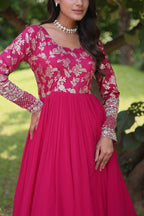 WOMEN'S VISCOSE RECEPTION GOWN IN PINK AND MAJENTA WITH THREAD WORK STITCHED