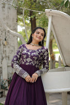 WOMEN'S VISCOSE RECEPTION GOWN IN PINK AND GREY WITH THREAD WORK STITCHED