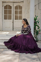 WOMEN'S VISCOSE RECEPTION GOWN IN PINK AND GREY WITH THREAD WORK STITCHED