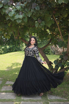 WOMEN'S VISCOSE RECEPTION GOWN IN BLACK AND GREY WITH THREAD WORK STITCHED