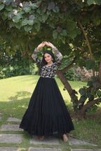 WOMEN'S VISCOSE RECEPTION GOWN IN BLACK AND GREY WITH THREAD WORK STITCHED