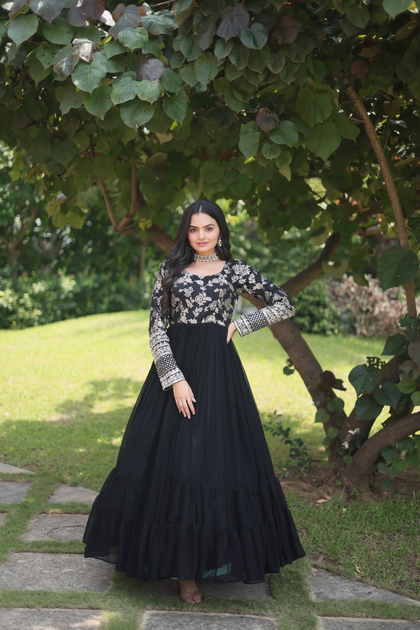 WOMEN'S VISCOSE RECEPTION GOWN IN BLACK AND GREY WITH THREAD WORK STITCHED
