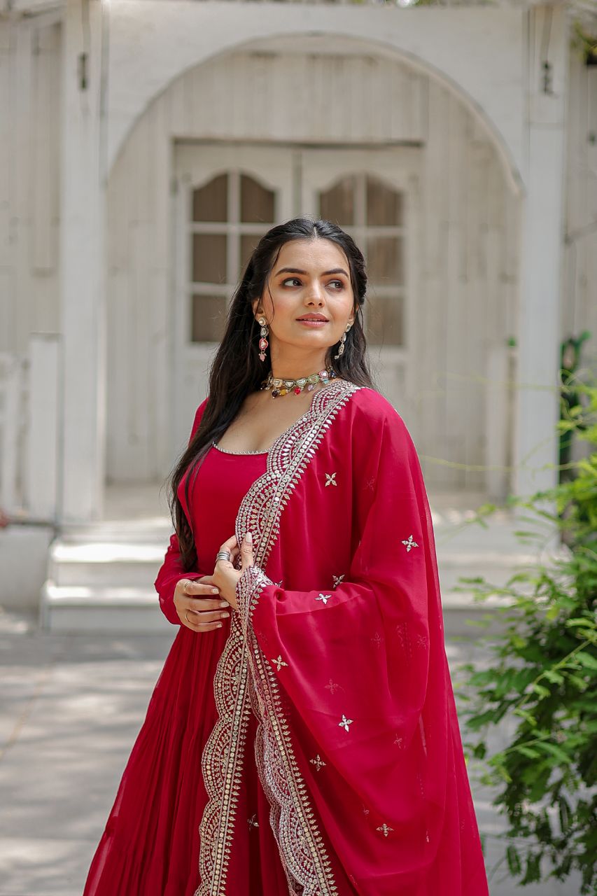 WOMEN'S PINK FAUX BLOOMING WITH RICH SEQUINS EMBROIDERED WORK GOWN & DUPATTA SET STITCHED