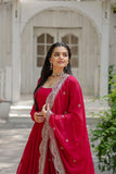 WOMEN'S PINK FAUX BLOOMING WITH RICH SEQUINS EMBROIDERED WORK GOWN & DUPATTA SET STITCHED