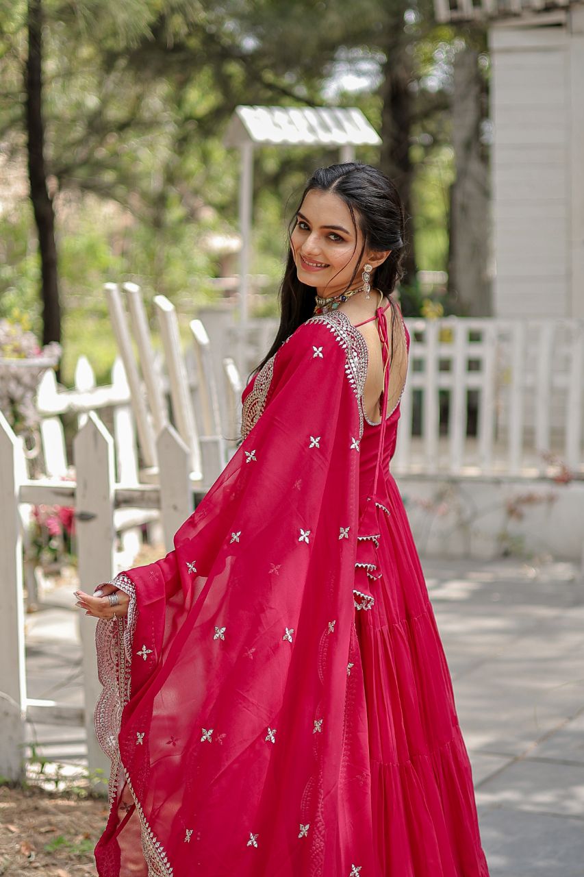 WOMEN'S PINK FAUX BLOOMING WITH RICH SEQUINS EMBROIDERED WORK GOWN & DUPATTA SET STITCHED
