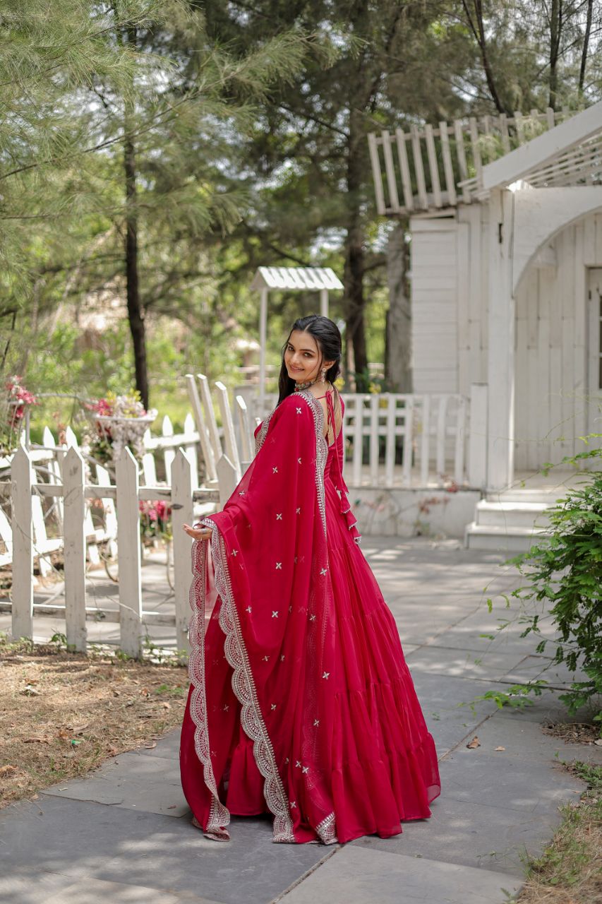WOMEN'S PINK FAUX BLOOMING WITH RICH SEQUINS EMBROIDERED WORK GOWN & DUPATTA SET STITCHED