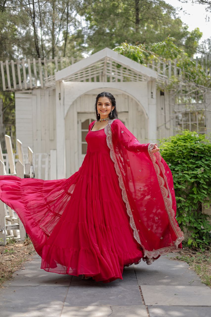 WOMEN'S PINK FAUX BLOOMING WITH RICH SEQUINS EMBROIDERED WORK GOWN & DUPATTA SET STITCHED