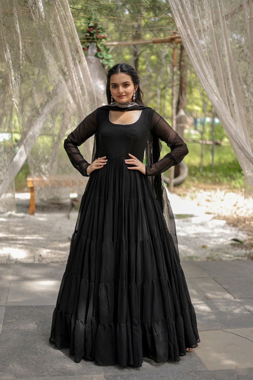 WOMEN'S BLACK FAUX BLOOMING WITH RICH SEQUINS EMBROIDERED WORK GOWN & DUPATTA SET STITCHED
